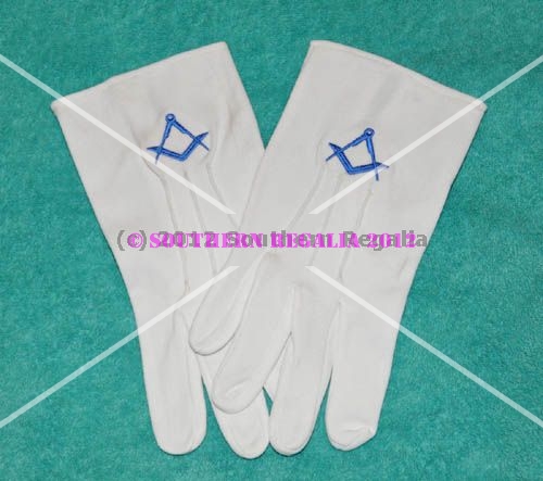 White Gloves - Blue Square & Compasses Motif (Medium) - Click Image to Close